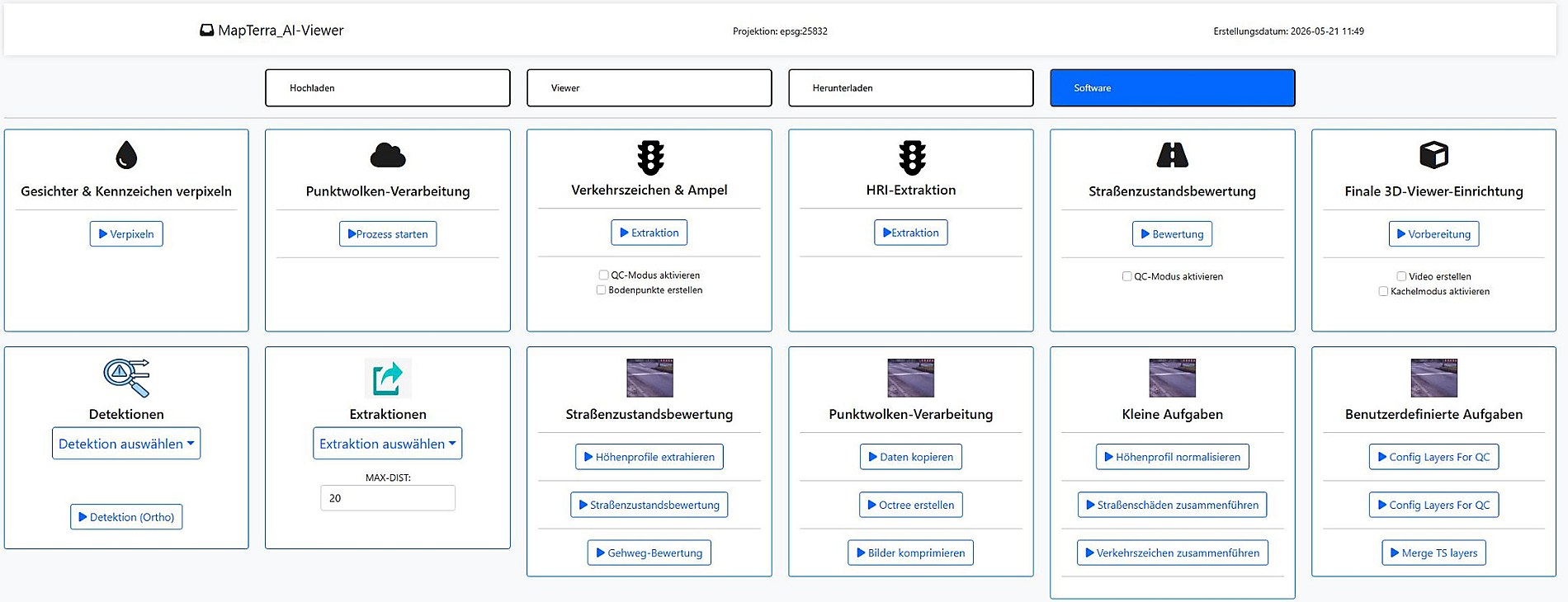 AI-Viewer Softwaremodule für Verpixelung, Punktwolken-Verarbeitung, Verkehrszeichen und Ampeln, HRI-Extraktion, Straßenzustandsbewertung und finale 3D-Viewer-Einrichtung