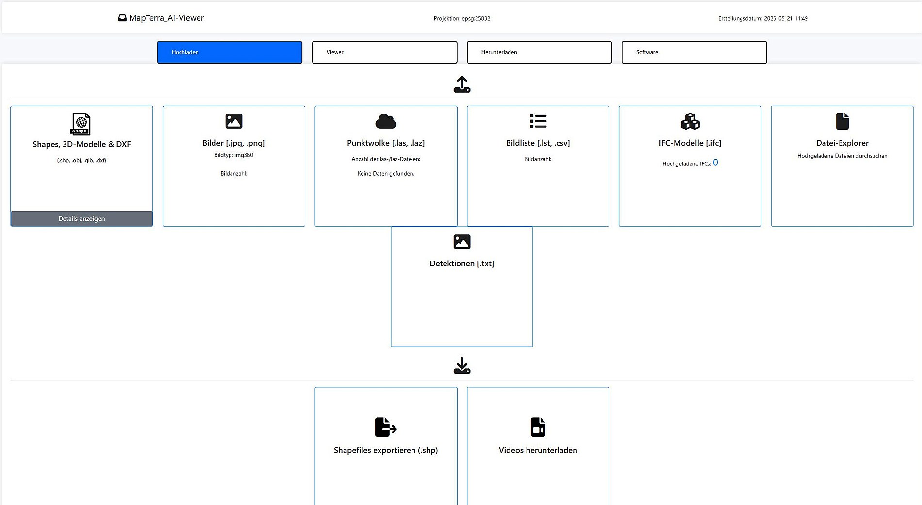 AI-Viewer Upload- und Downloadmodule für Shapes, 3D-Modelle, DXF, Bilder, Punktwolken, Bildlisten, IFC-Modelle, Detektionen, Datei-Explorer, Shapefile-Export und Video-Download