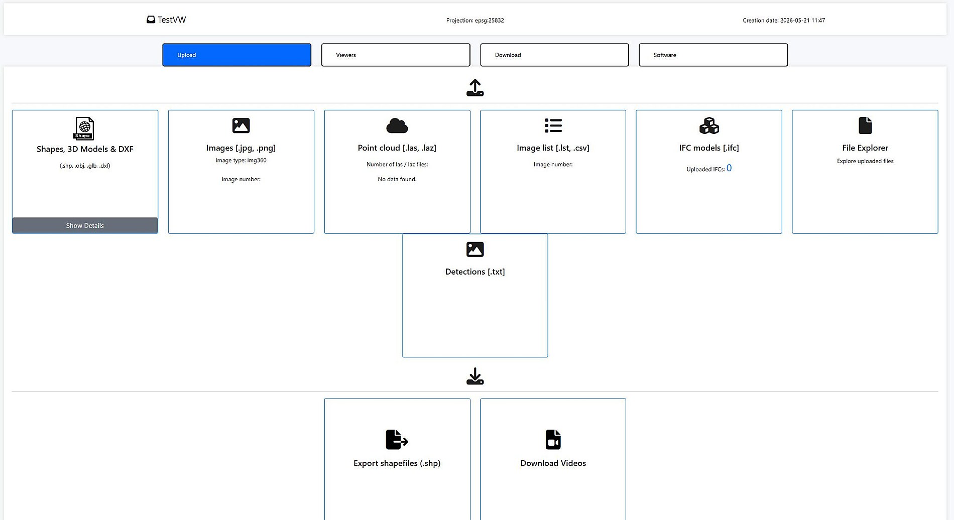AI-Viewer upload and download modules for shapes, 3D models, DXF, images, point clouds, image lists, IFC models, detections, file explorer, shapefile export and video download